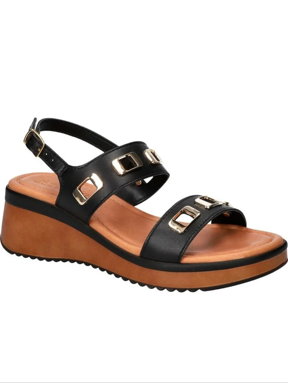 BELLA VITA ITALIAN LEATHER -NEW IN BOX- WEDGE SANDALS BLACK 6.5